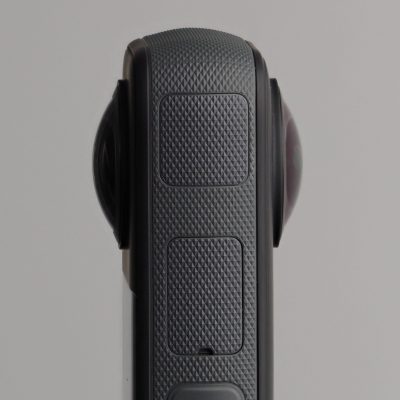 Close-up of 360 degrees camera with two lenses for photography.